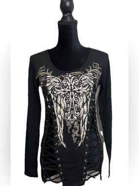 Y2K Vintage from Los Angeles Bus Stop Biker Top Black Embellished Wings Goth